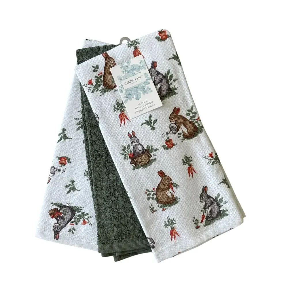Shabby Chic Cotton Kitchen Towels Spring Floral Easter Bunny Rabbit Set of 3 NEW